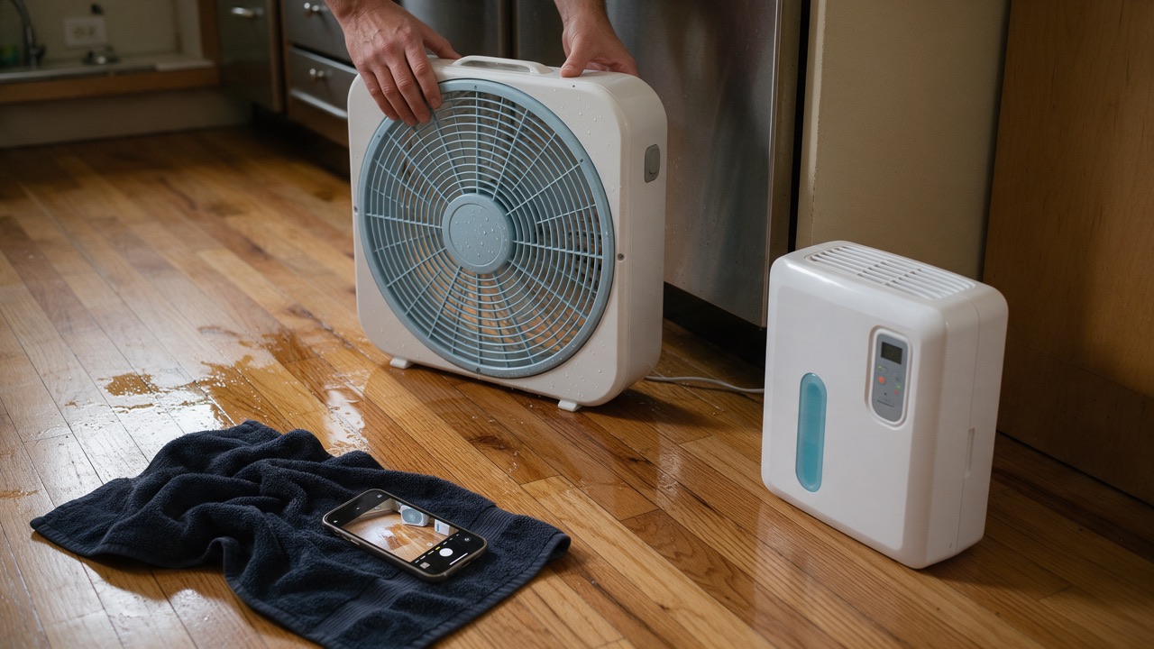A box fan and a small dehumidifier set up beside a wet hardwood floor, with a phone and towel on the floor