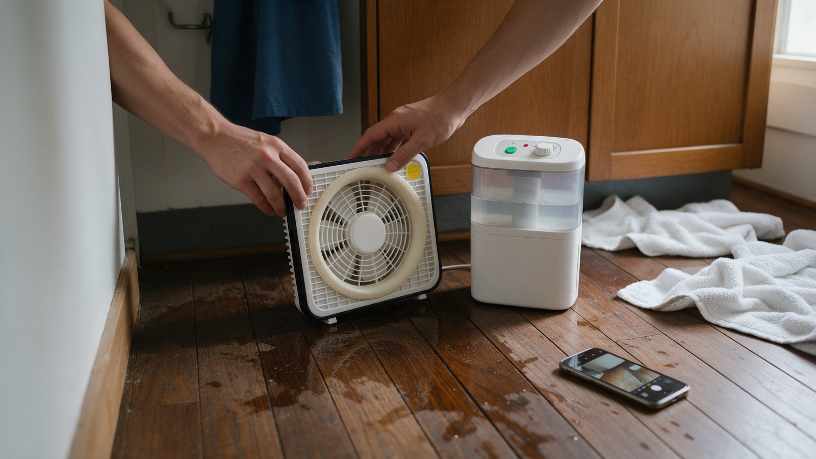 Towels, a box fan and a dehumidifier set up beside a wet hardwood floor after a small kitchen leak