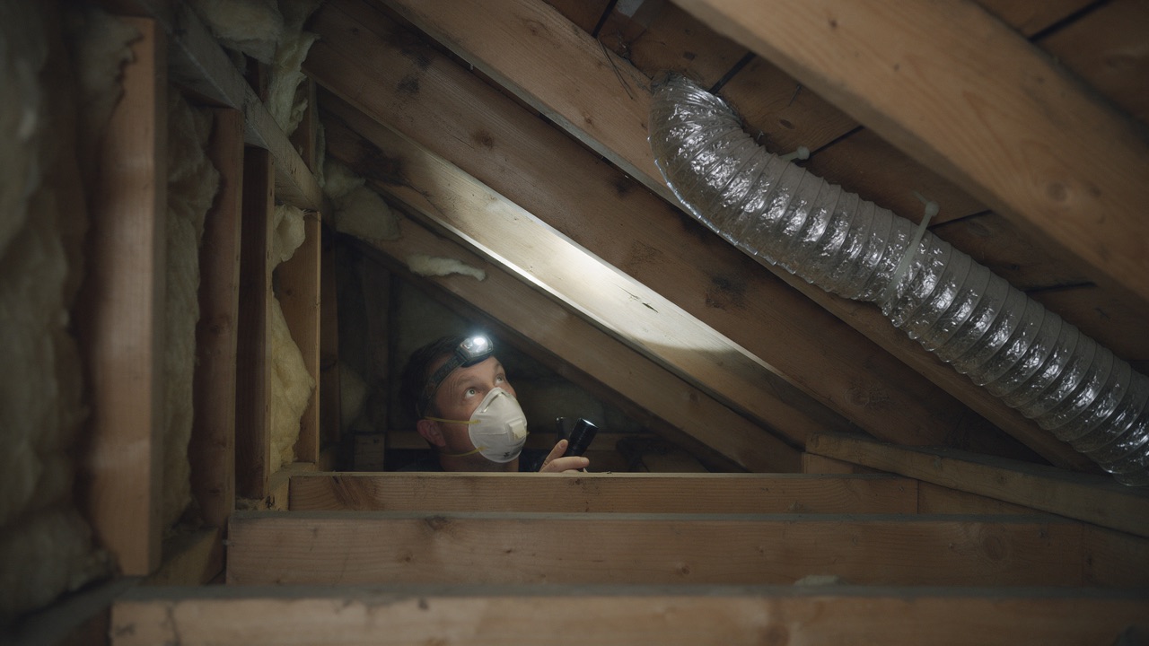A homeowner with a headlamp checking the underside of the roof deck for staining near a bathroom fan duct