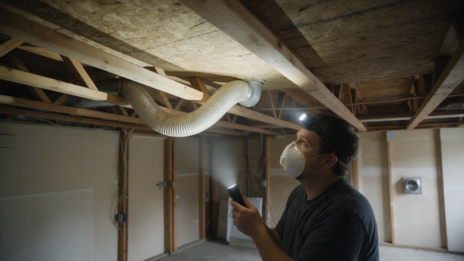 A homeowner in a headlamp and N95 mask inspecting the underside of the roof deck in a residential attic