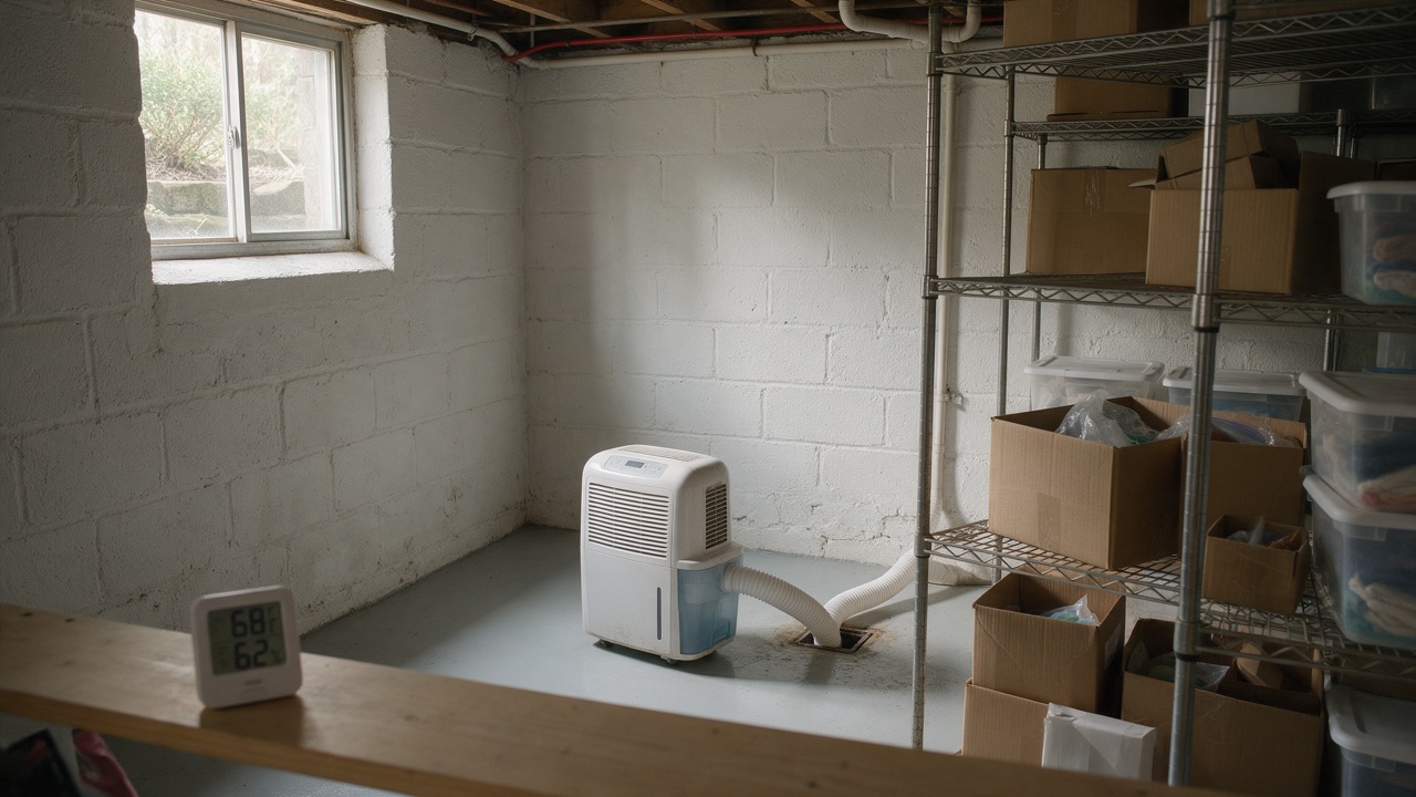 A portable dehumidifier on a concrete basement floor with a drain hose running to a floor drain