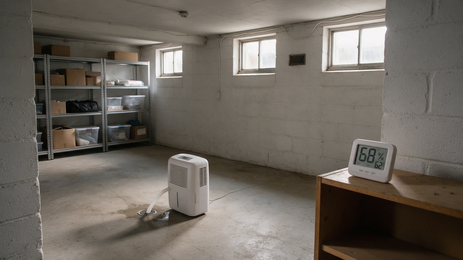 An unfinished basement with a portable dehumidifier draining to a floor drain and a digital hygrometer on a shelf