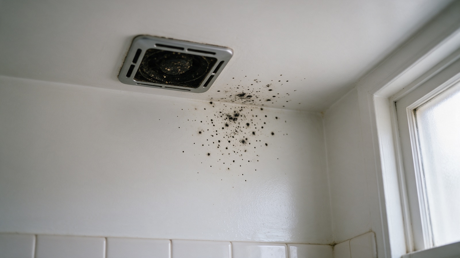 A clogged bathroom exhaust fan grille with heavy black mold spotting spreading across the ceiling corner beside a frosted window