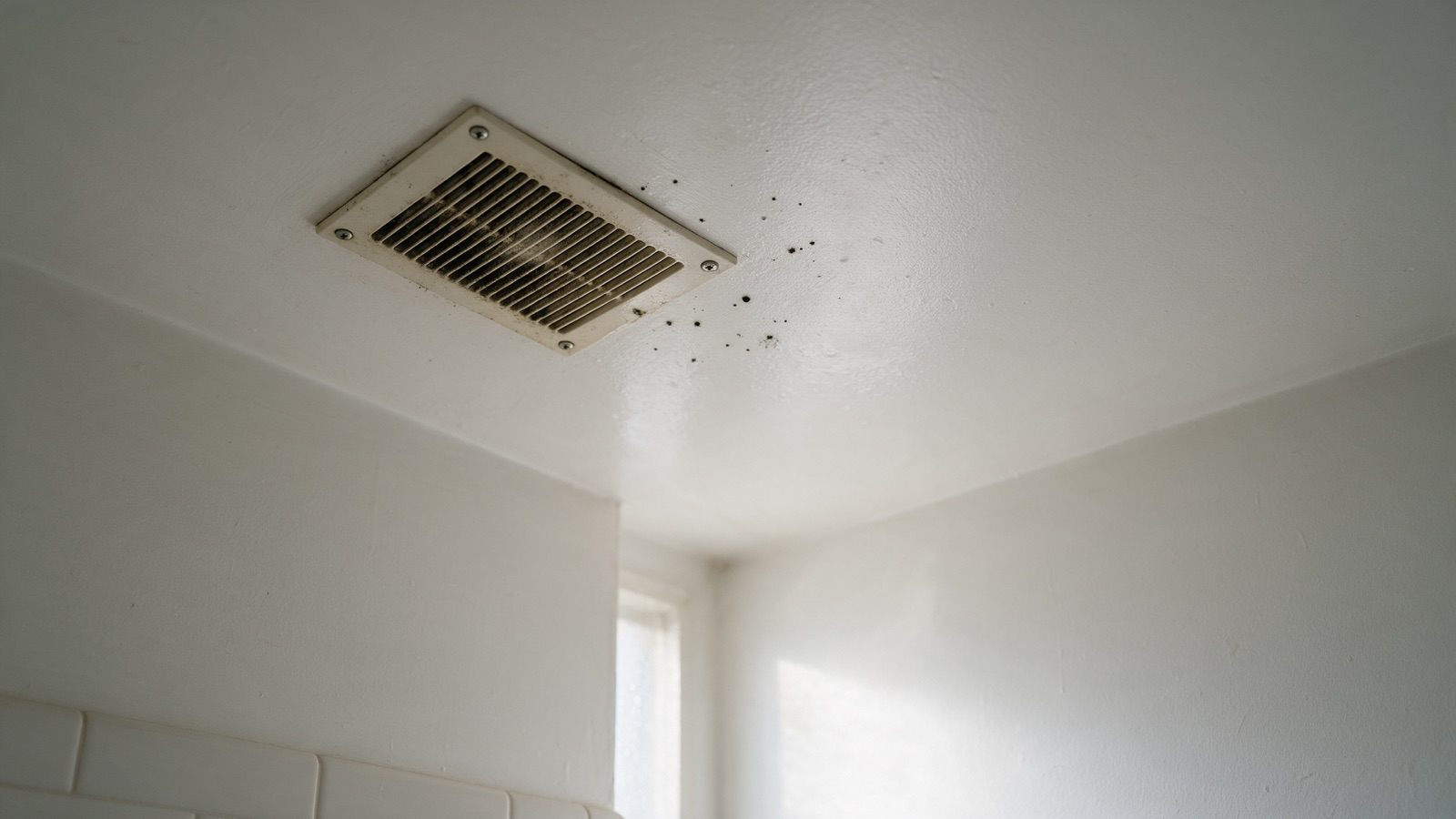 Small black mold spots on a white bathroom ceiling near an exhaust fan grille above a tiled shower