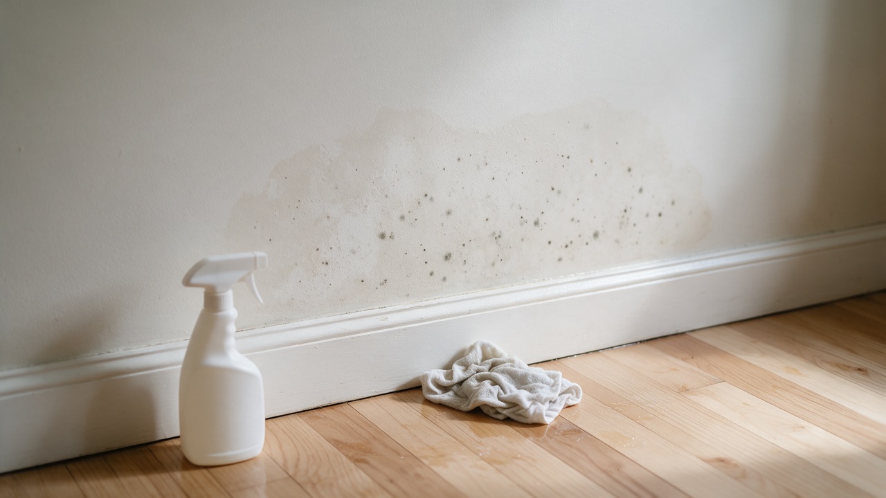 Close-up of painted drywall near a baseboard with gray mold spots and a spray bottle and cloth on the floor