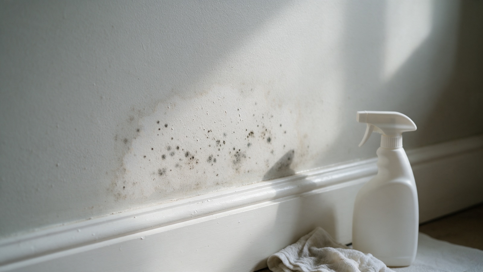 Gray mold spots reappearing through a faded, bleached patch of painted drywall near a baseboard
