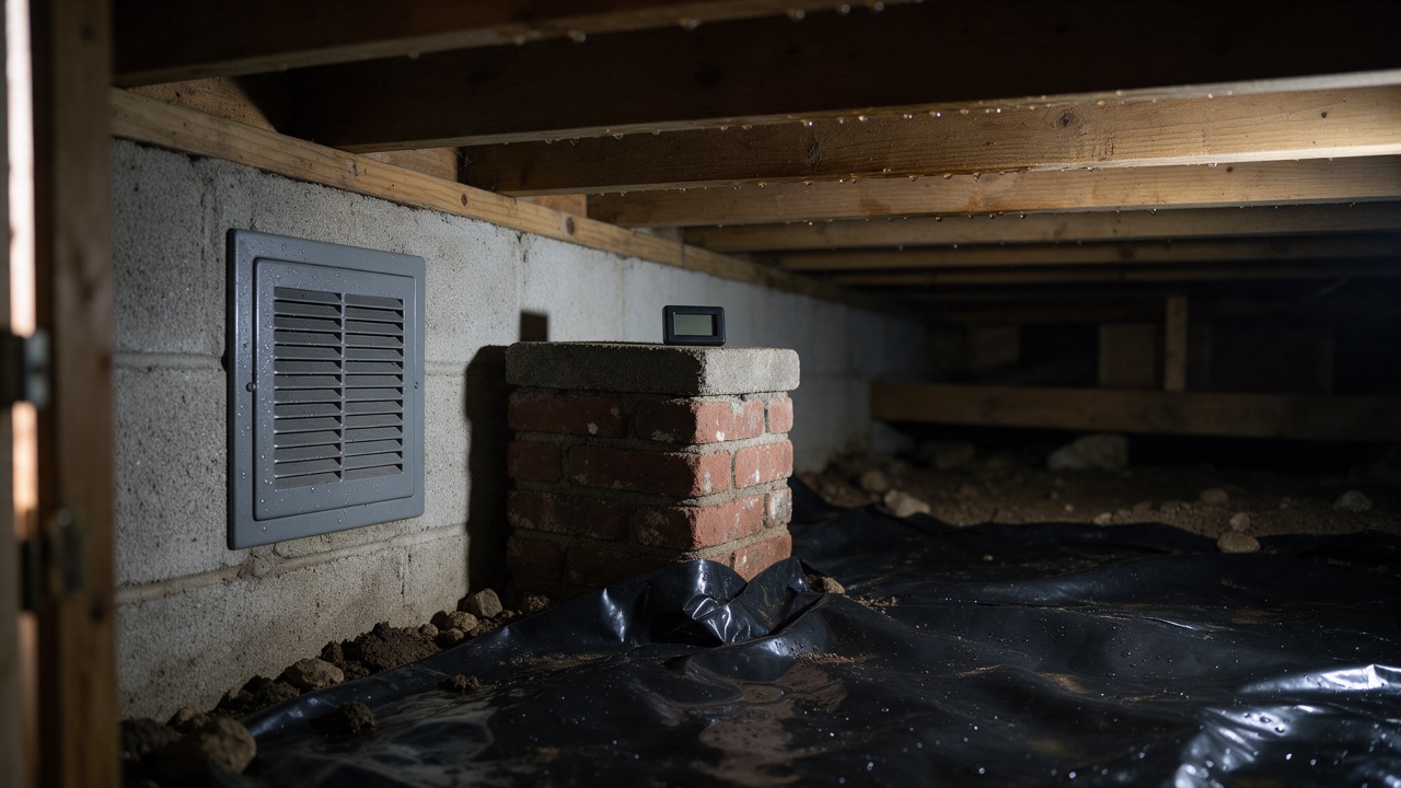 A crawl space with a sealed foundation vent, exposed joists and plastic sheeting over the soil