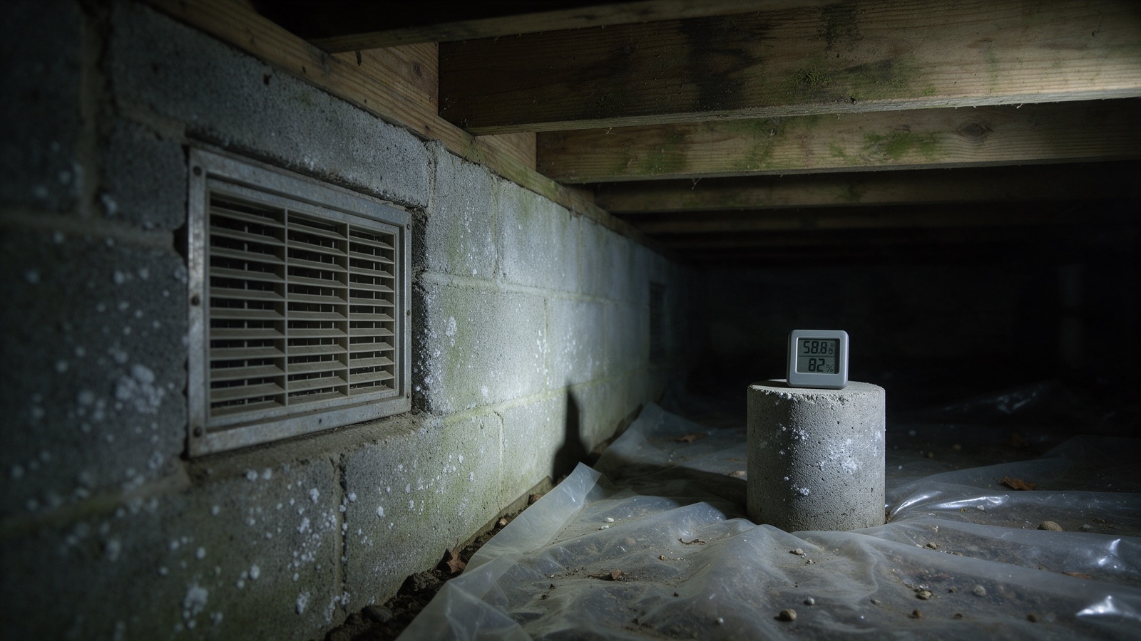 A residential crawl space with exposed floor joists, a vapor barrier on the ground and a closed foundation vent