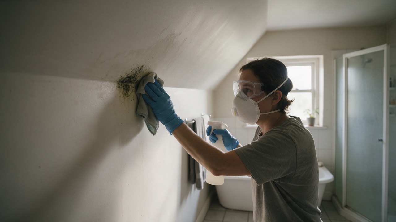 A person in an N95 respirator and nitrile gloves wiping a patch of mould from a bathroom wall with a damp cloth