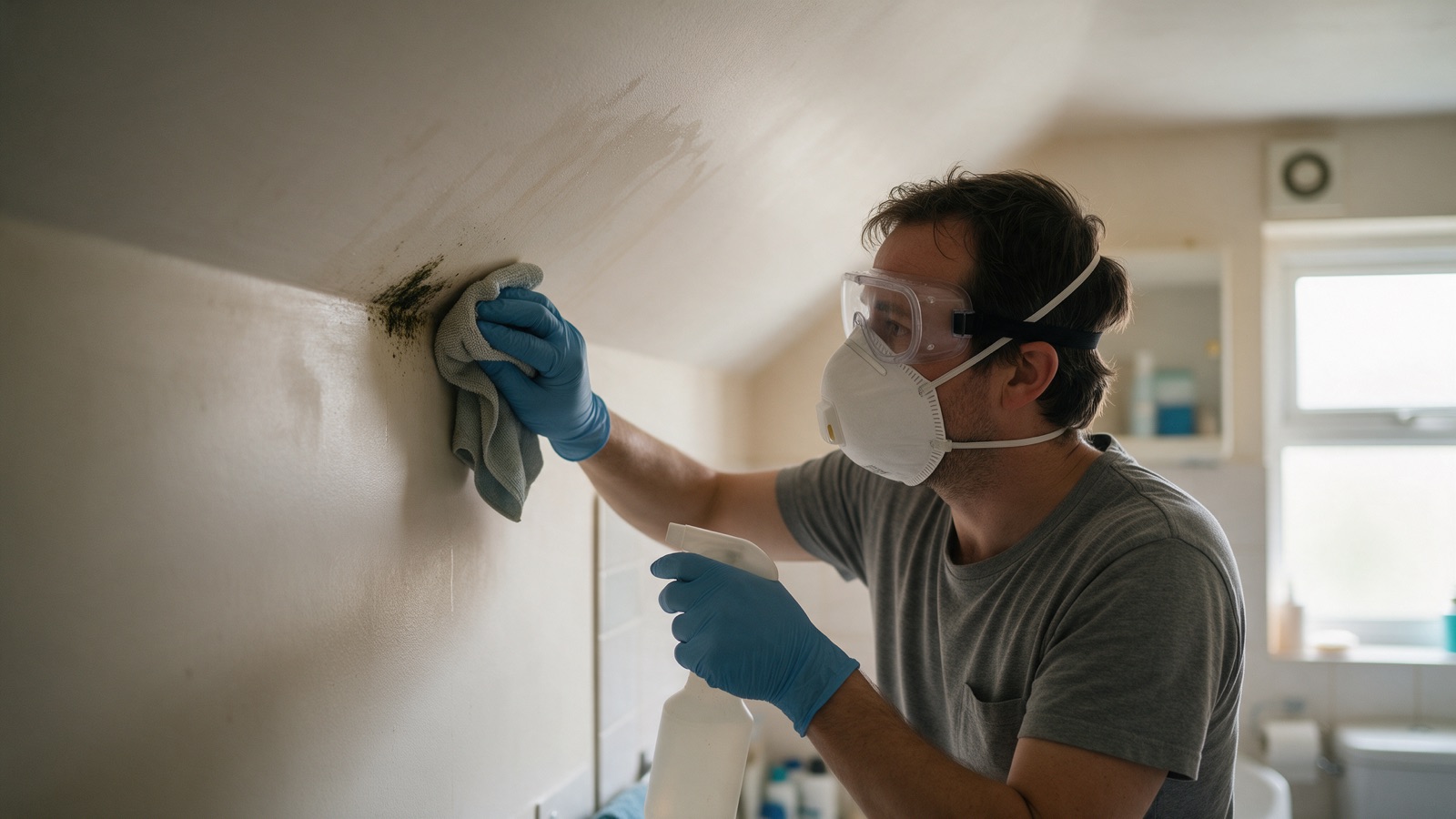 A person in an N95 respirator and nitrile gloves wiping mold from a bathroom wall with a cloth