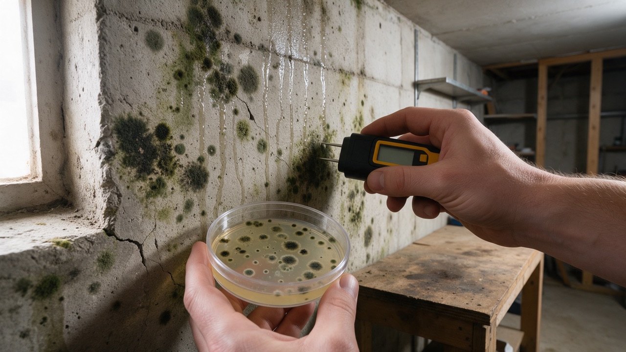 A homeowner reading a moisture meter against a basement wall, a cheaper first step than a mold test kit