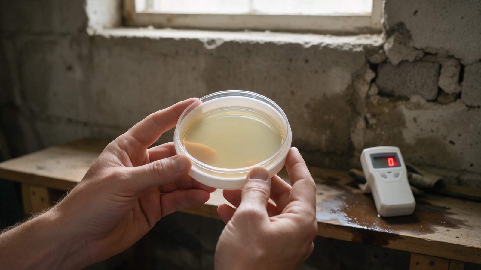 A homeowner holding a petri dish settle plate in a basement beside a handheld moisture meter on a workbench