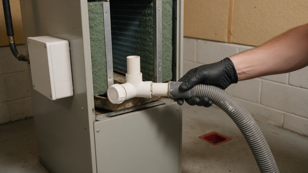 A homeowner in nitrile gloves holding a wet-dry vacuum hose to the end of a white PVC condensate drain line beside an air handler