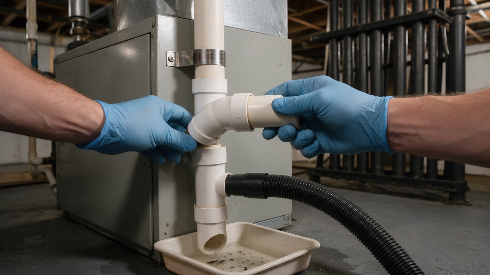 Gloved hands clearing a white PVC condensate drain line on an air handler with a wet-dry vacuum hose