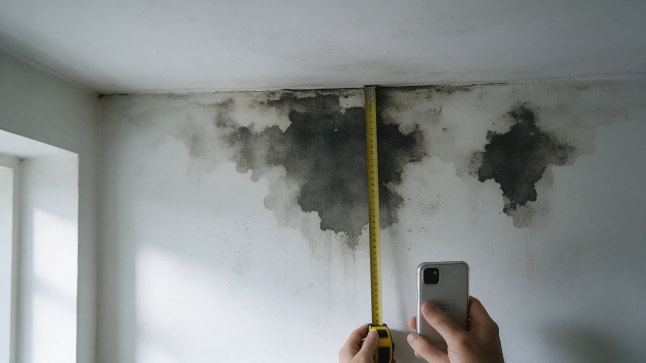 A homeowner holding a phone and tape measure against a water-stained wall to record the size of the damage