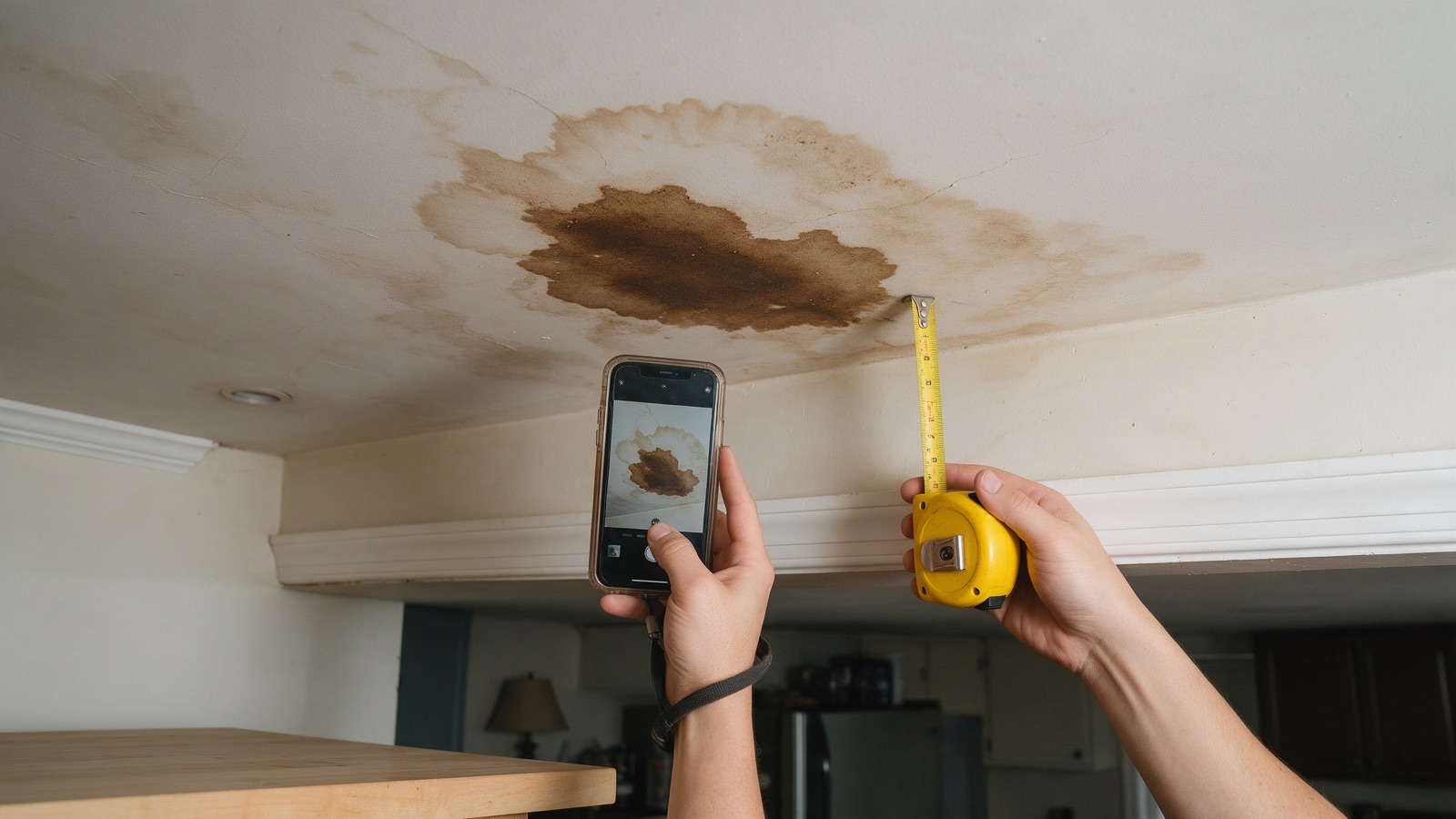 A homeowner photographing a water-stained basement wall with a phone while holding a tape measure for scale