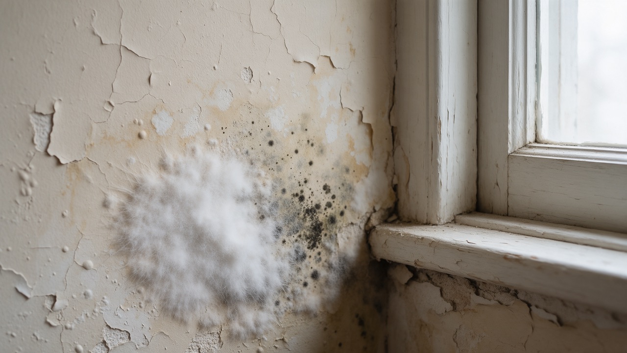 Growth on a painted wall beside a dark spot, photographed close up in natural light