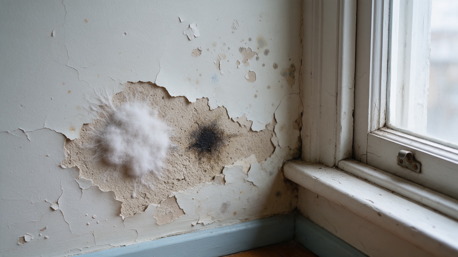 Close-up of a painted residential wall near a window with a patch of white fuzzy growth beside a dark spot