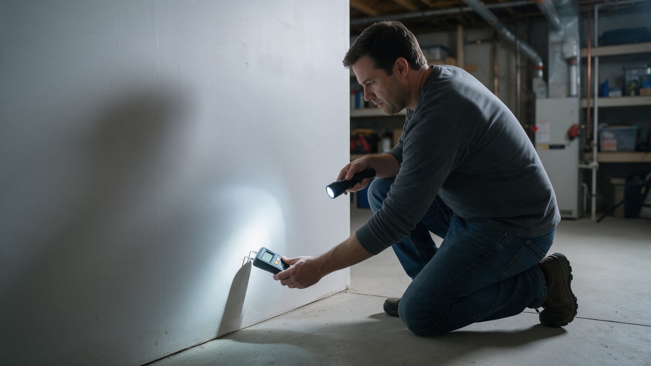 A person examining the base of a basement wall with a flashlight and a handheld moisture meter