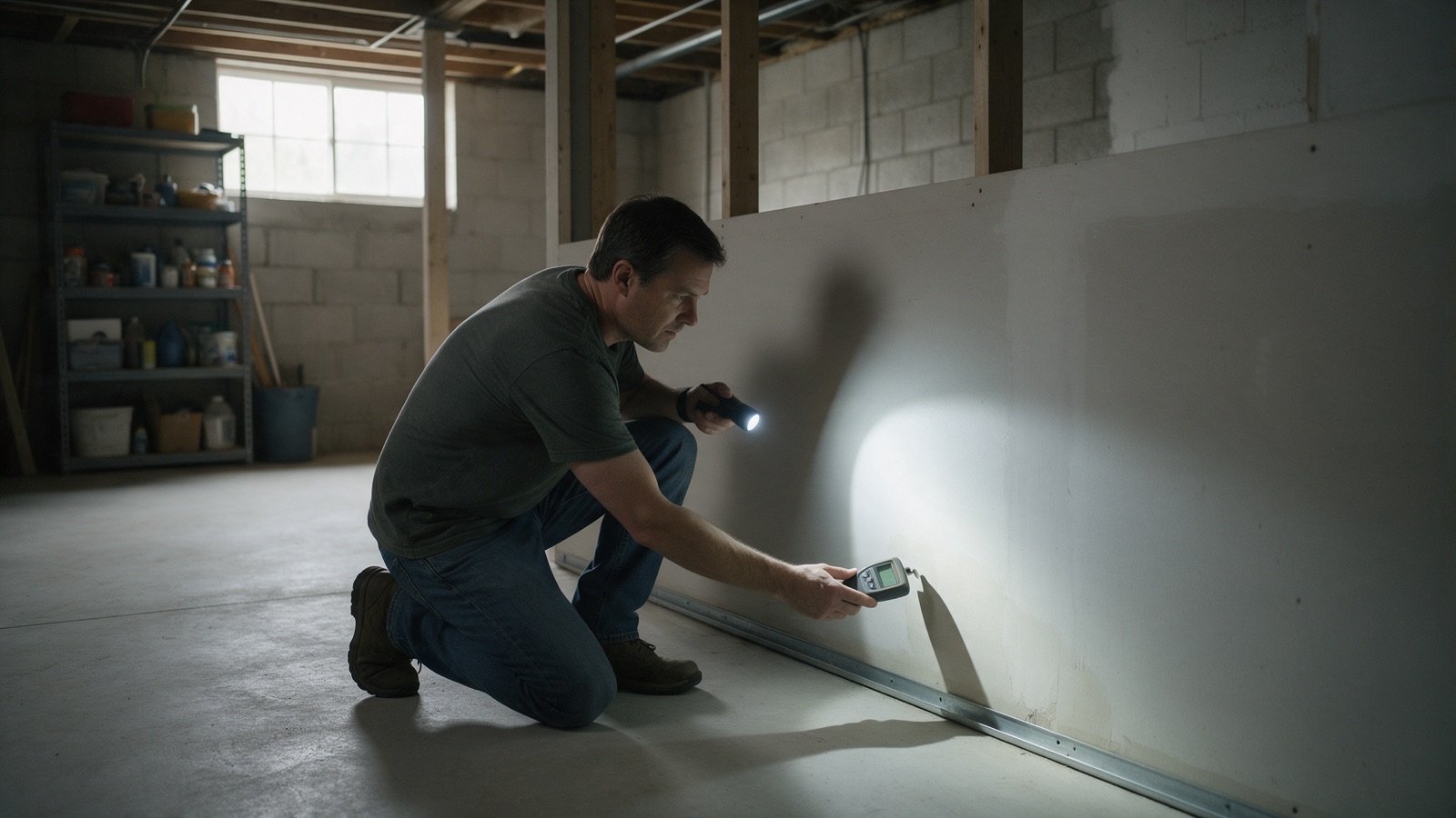 A homeowner kneeling in a basement with a flashlight and a moisture meter, checking the bottom of a wall for hidden dampness