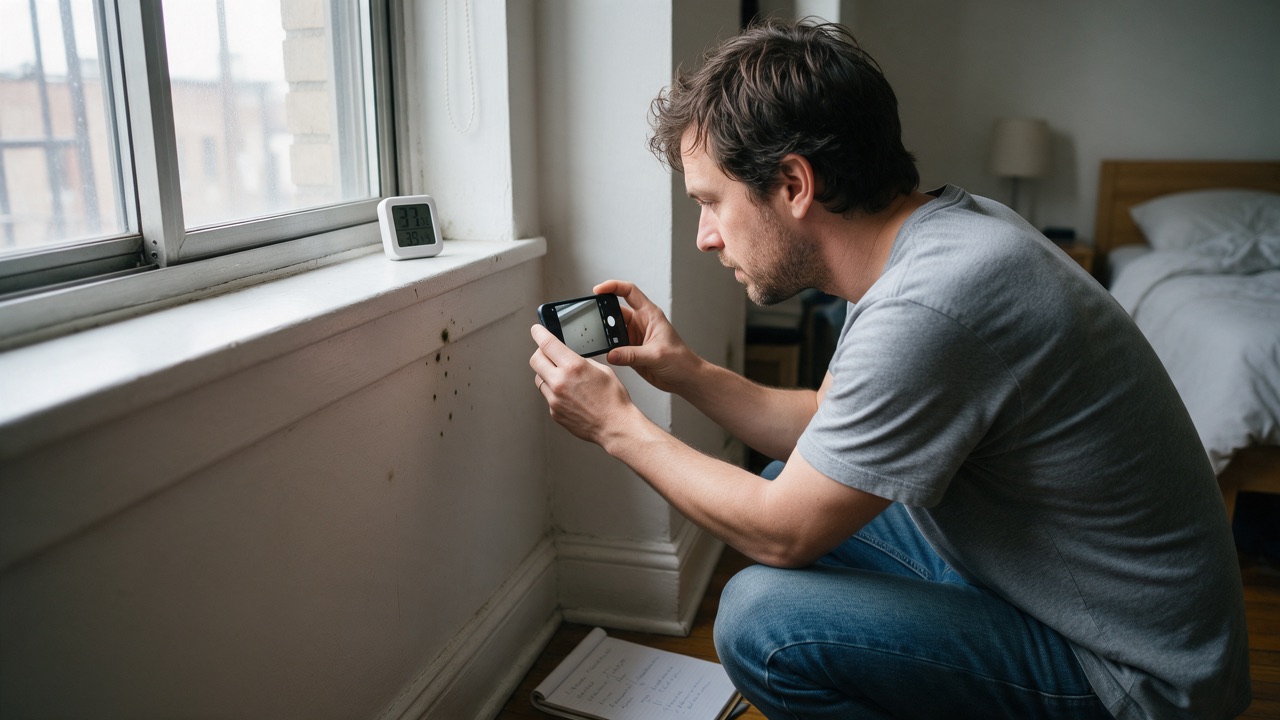 A renter photographing mold spots on a painted wall under a window, a hygrometer resting on the sill