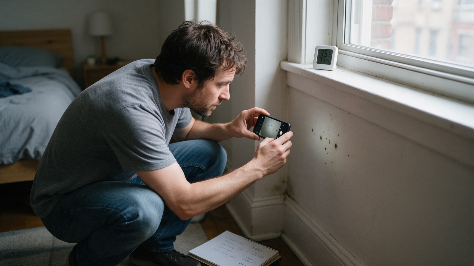 A renter photographing small mold spots below a bedroom window, with a hygrometer on the sill and a notepad nearby