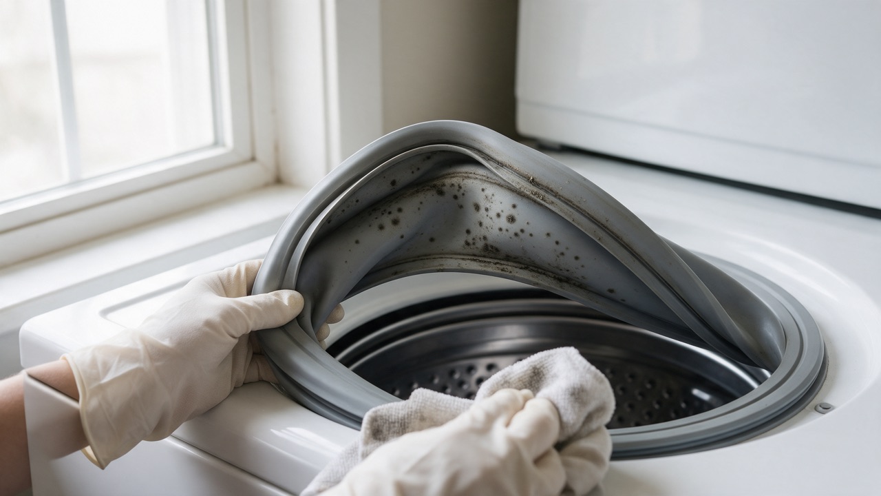 A gloved hand lifting a washing machine door seal to show grey residue and dark spots in the fold of the rubber