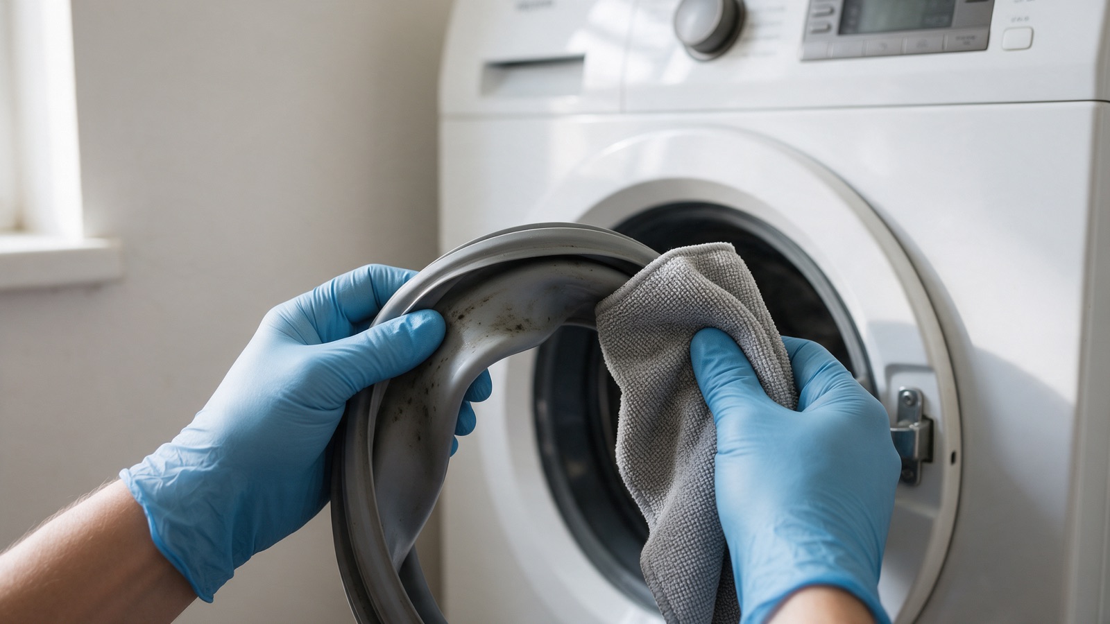 Gloved hands pulling back the rubber door gasket of a white front-loading washing machine to reveal dark mold in the fold of the seal