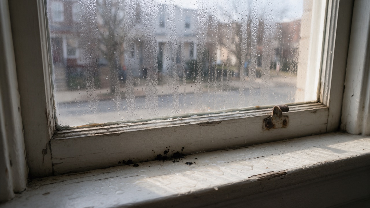 Condensation and a small patch of black mold at the joint between the sash and the sill of an old wood window in a rowhouse