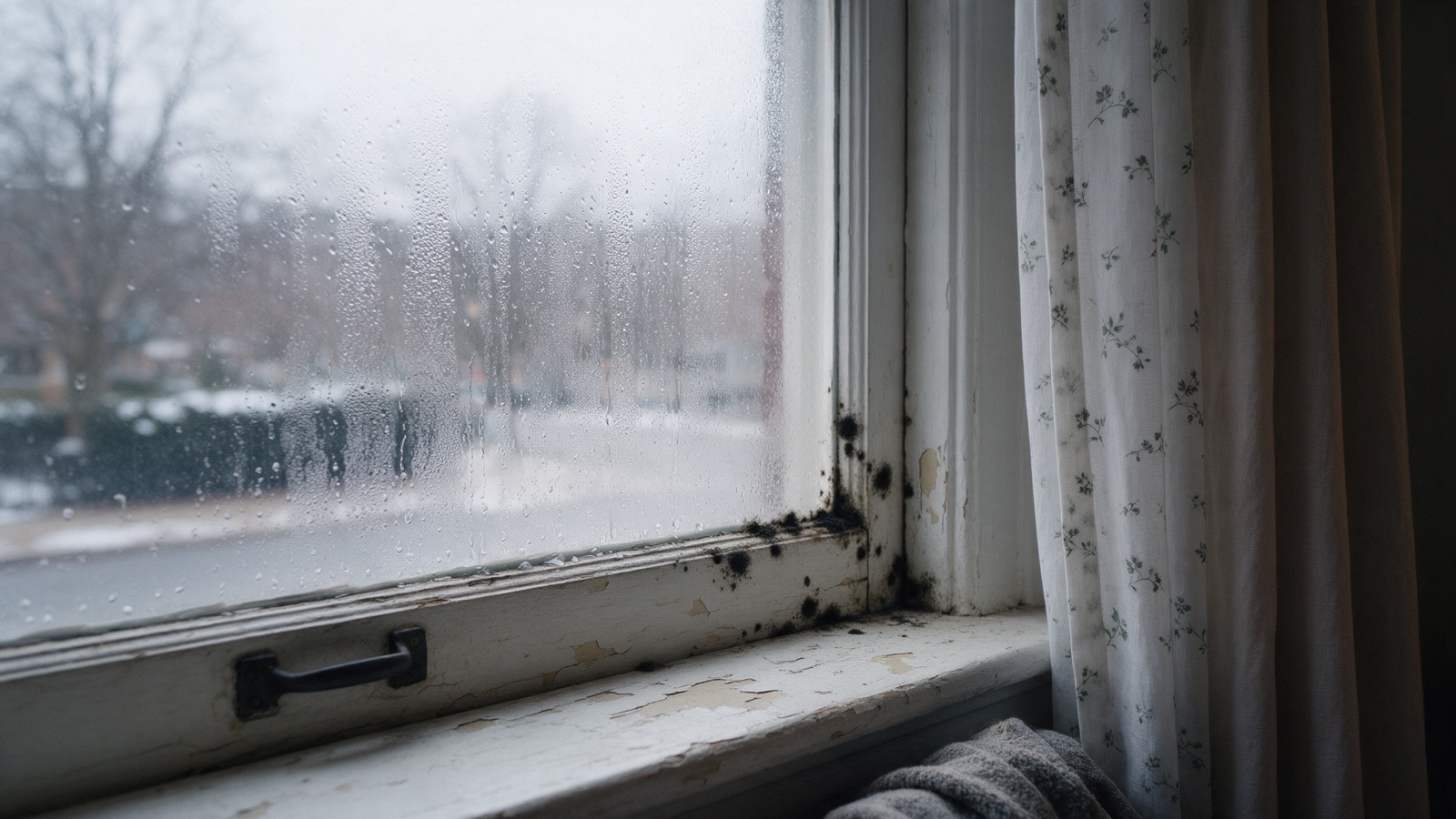 An old painted wood window on a winter morning with condensation on the glass and black mold spots in the corner of the sash