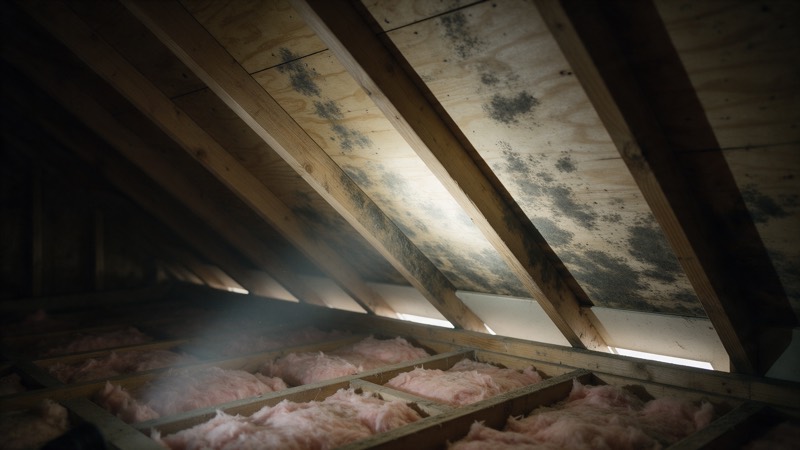Attic roof sheathing between rafters stained with dark mold above pink fiberglass insulation