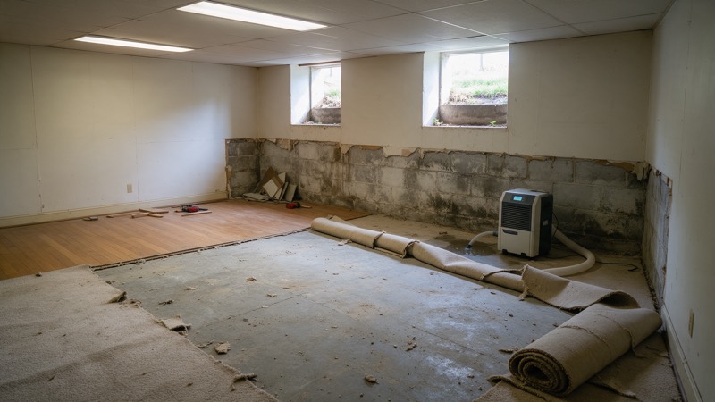 A finished basement with carpet pulled up and the bottom of the drywall cut away to the block foundation, a dehumidifier running