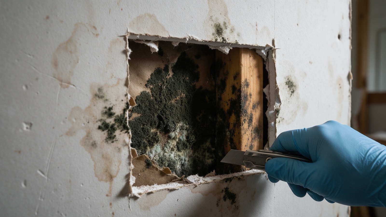 Drywall cut open to show heavy black mold on the paper backing and wall stud, with a gloved hand holding a utility knife