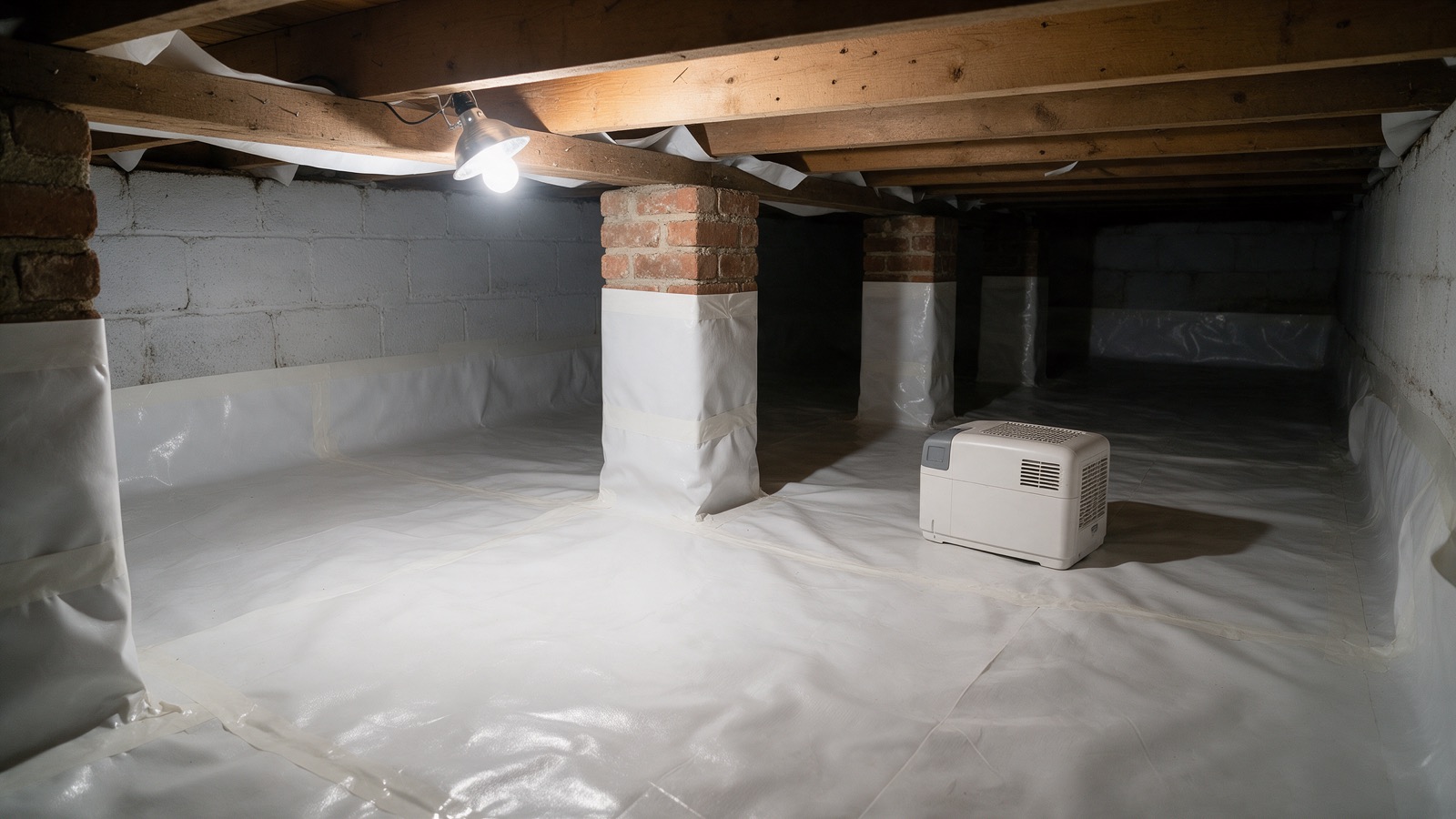 An encapsulated crawl space with a white vapor barrier over the floor and wrapped around brick piers, and a dehumidifier
