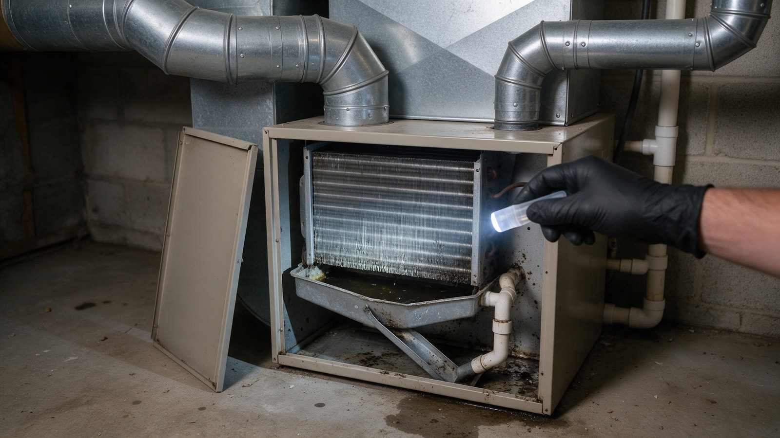 An open air handler showing the evaporator coil and a grimy condensate drain pan, lit by a gloved hand holding a flashlight