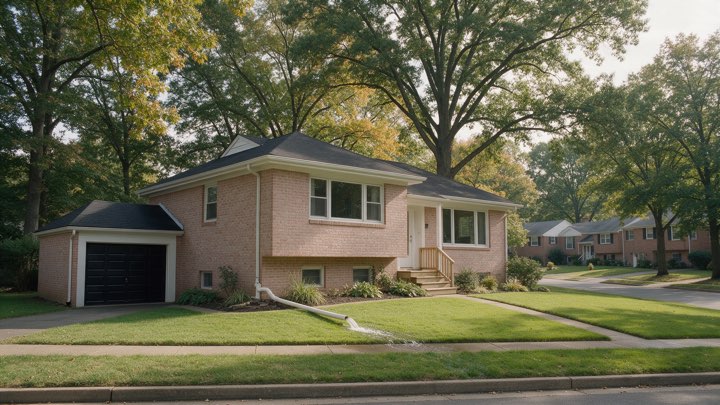 A brick split-level house in suburban Maryland with a half-below-grade lower level and a sump discharge pipe across the lawn