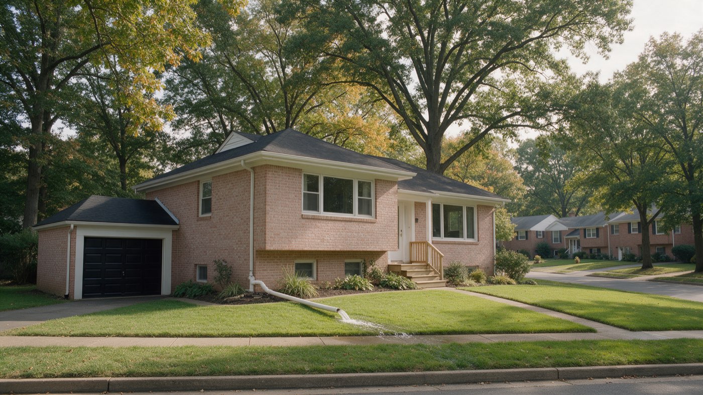 A brick split-level house in suburban Maryland with a half-below-grade lower level and a sump discharge pipe across the lawn