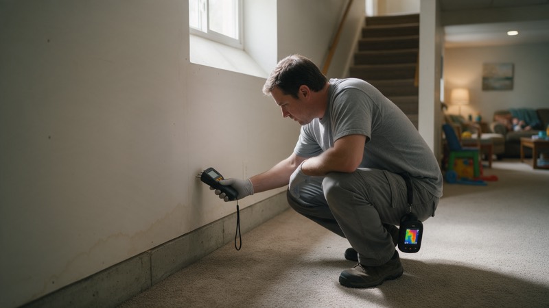 A technician crouching at a basement wall pressing a moisture meter into the lower drywall, a thermal camera at his side