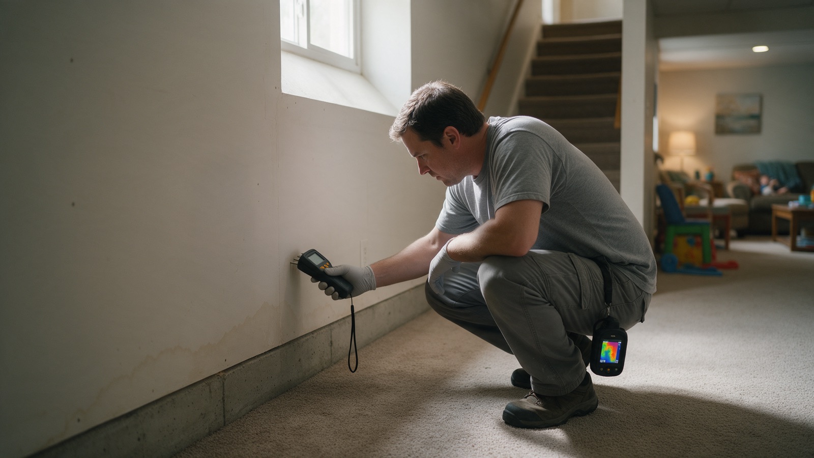 A technician crouching at a basement wall pressing a moisture meter into the lower drywall, a thermal camera at his side