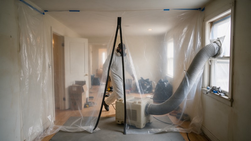 A hallway sealed with plastic containment sheeting, a negative air machine venting out a window, and a worker in a protective suit and respirator