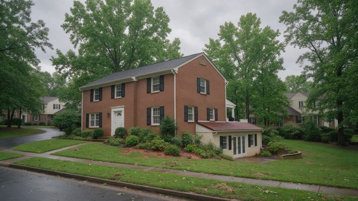 A brick colonial house in a Northern Virginia subdivision with a walk-out lower level and red clay soil in the garden bed