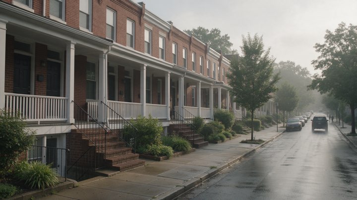 A row of red-brick Washington DC rowhouses with front porches and English-basement stairs below the sidewalk, on a wet morning