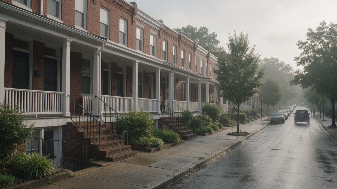 A row of red-brick Washington DC rowhouses with front porches and English-basement stairs below the sidewalk, on a wet morning