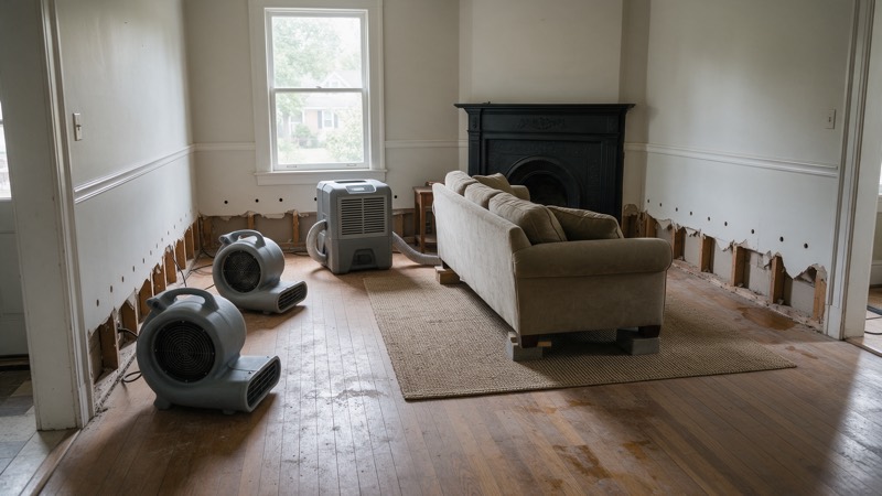 A living room being dried after a leak, with air movers on the floor, a dehumidifier, baseboards removed, and the sofa raised on blocks